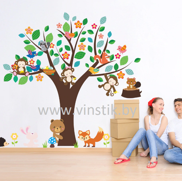 Наклейка на стену для детского комнаты «Деревце с птичками и зверюшками XL» - фото 2 - id-p156733575