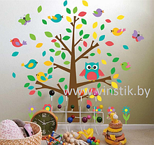 Наклейка на стену для девочек «Деревце разноцветное с птичками XL»