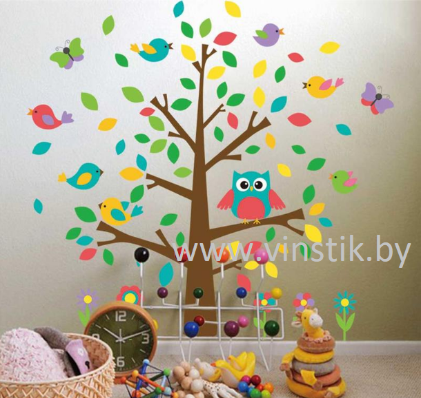 Наклейка на стену для девочек «Деревце разноцветное с птичками XL» - фото 1 - id-p156733579