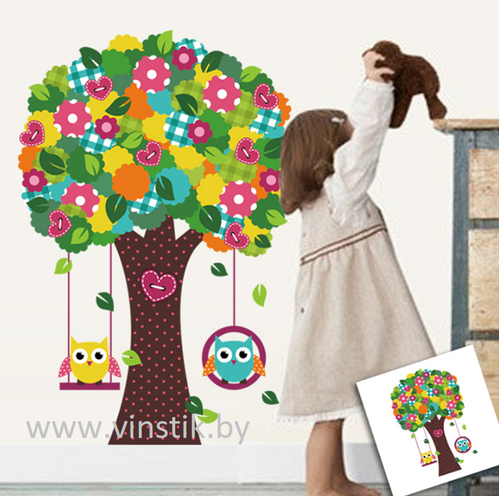 Наклейка на стену для девочек «Деревце цветочное и совы на качельках XL»