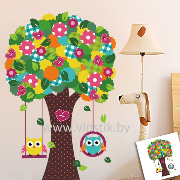 Наклейка на стену для девочек «Деревце цветочное и совы на качельках XL» - фото 2 - id-p156733584