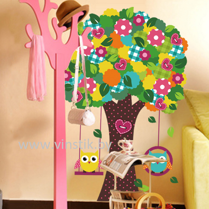 Наклейка на стену для девочек «Деревце цветочное и совы на качельках XL» - фото 3 - id-p156733584