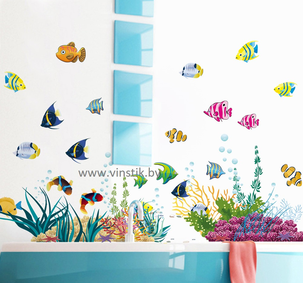 Наклейка на стену для детского сада «Аквариумные рыбки с водорослями» - фото 1 - id-p156733633