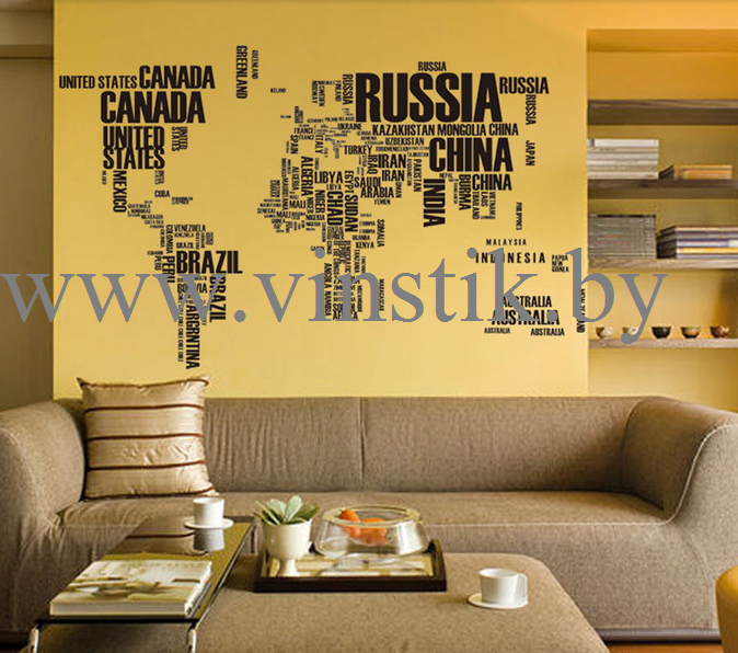 Наклейка интерьерная на стену «Карта мира с названиями XXL» - фото 7 - id-p156733652