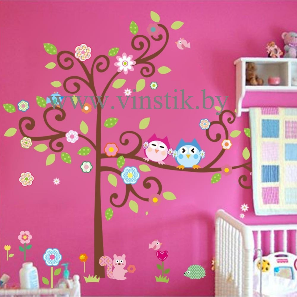Наклейка на стену для девочек «Деревце и совы на ветке XL» - фото 1 - id-p156733655
