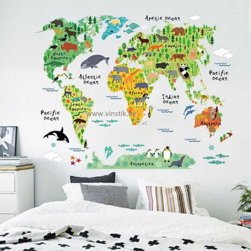 Наклейка на стену для детского сада «Карта мира с животными XL» - фото 2 - id-p156733676