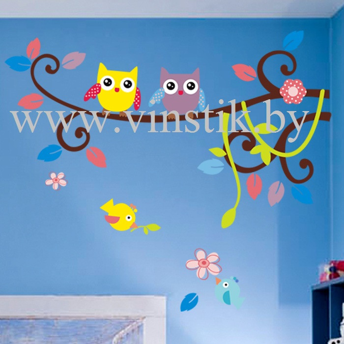 Наклейка на стену для детского сада «Совы на ветке с завитушками» - фото 1 - id-p156733689
