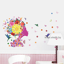 Наклейка на стену для девочек «Девушка с цветочками и птичками»