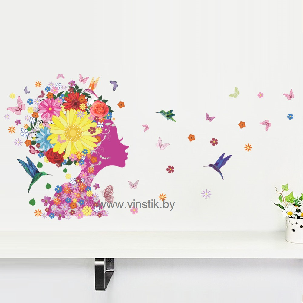 Наклейка на стену для девочек «Девушка с цветочками и птичками» - фото 3 - id-p156733703