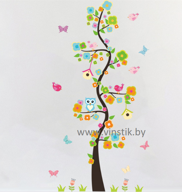 Наклейка на стену для детского сада «Деревце с птичками и кормушками»