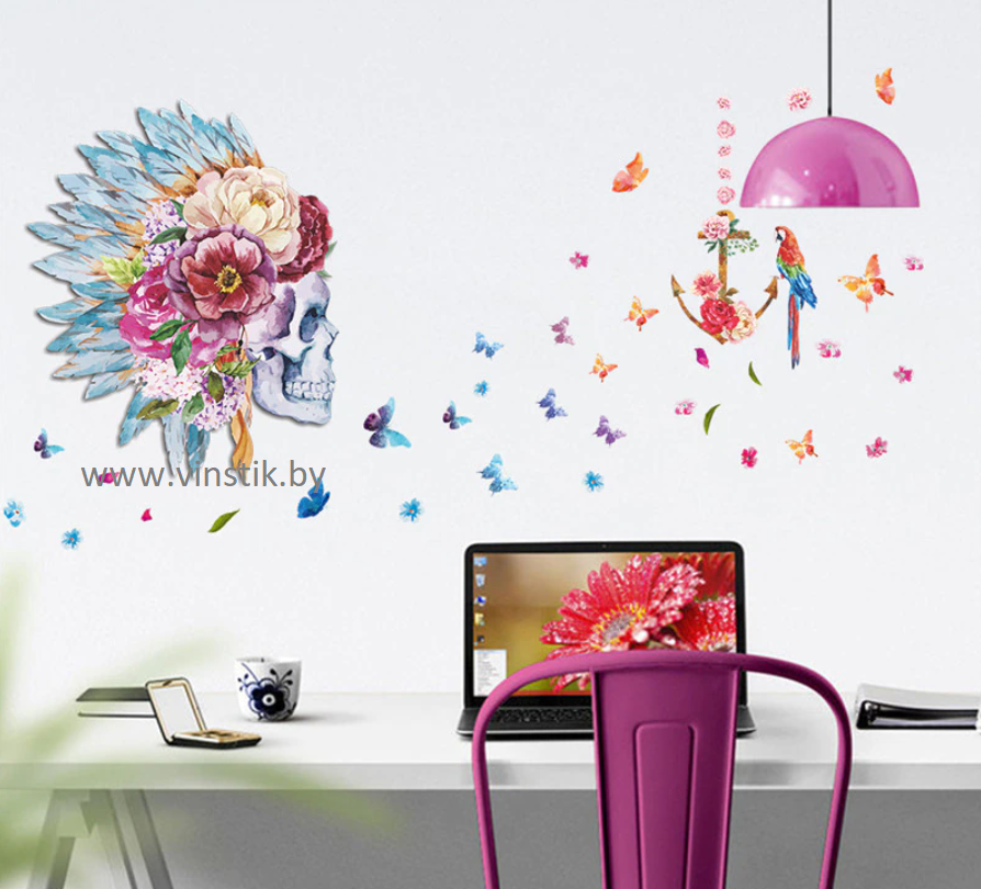 Наклейка на стену «Череп с цветами и бабочками» - фото 1 - id-p156733757