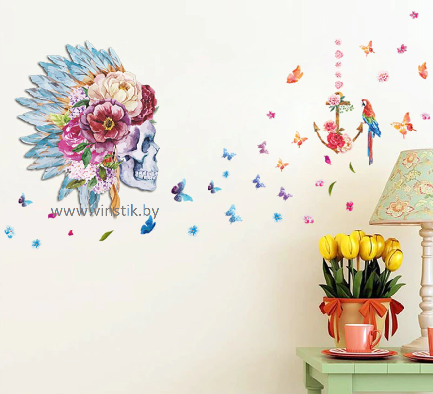 Наклейка на стену «Череп с цветами и бабочками» - фото 2 - id-p156733757