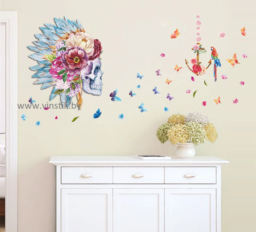 Наклейка на стену «Череп с цветами и бабочками» - фото 3 - id-p156733757