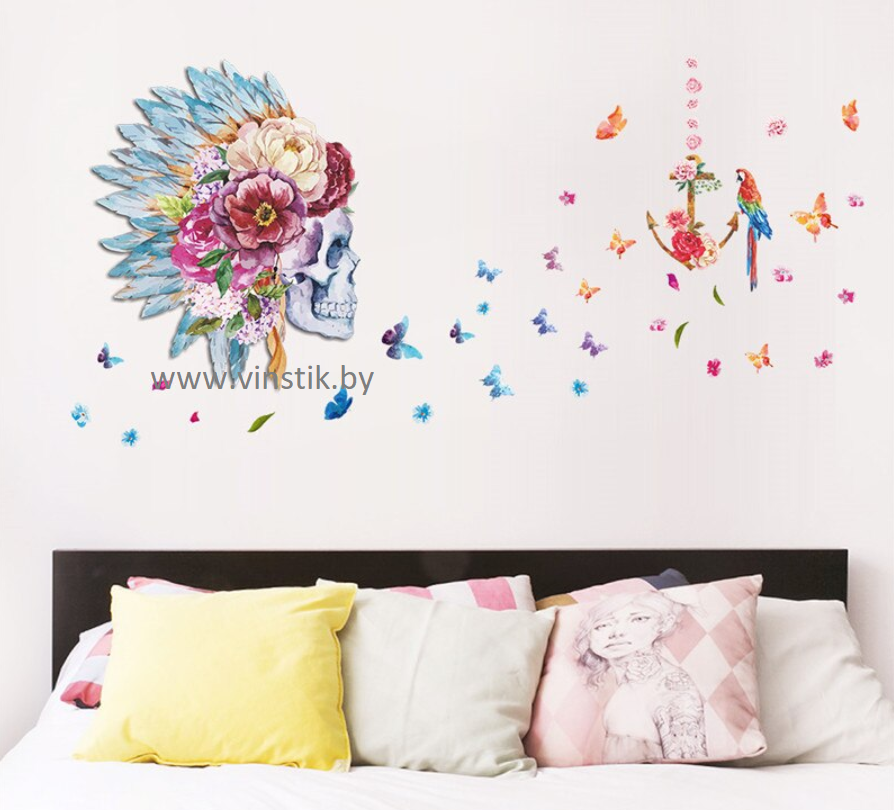 Наклейка на стену «Череп с цветами и бабочками» - фото 4 - id-p156733757