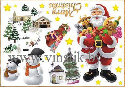 Наклейка на стену новогодняя «Новый год. Санта с подарками и снеговики» - фото 3 - id-p156733779