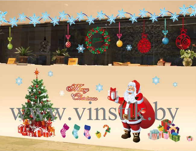 Наклейка на стену новогодняя «Новогодняя ёлка и Санта, носочки для подарков XXL» - фото 6 - id-p156733782