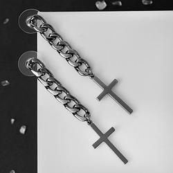 Серьги металл "Цепь" с крестиком, цвет серый металл