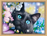 Картина стразами "Чёрный кот в цветах»"
