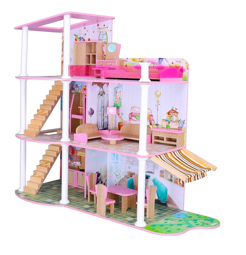 Домик деревянный для кукол DOLL HOUSE с мебелью, 3 этажа, 5 комнат (высота 106,5 см), арт. B743 - фото 1 - id-p139296674