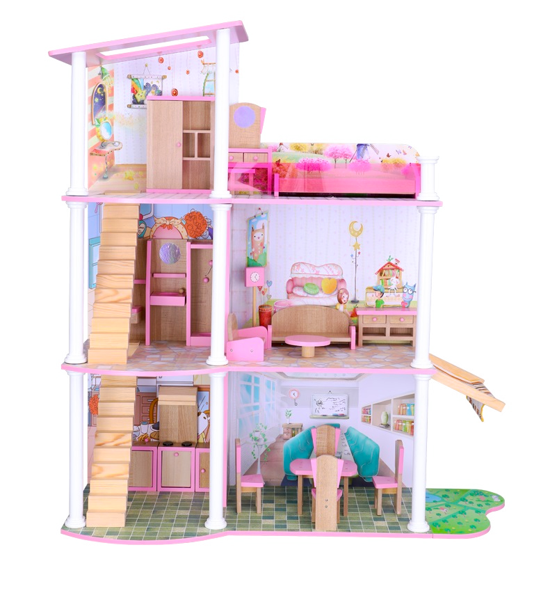 Домик деревянный для кукол DOLL HOUSE с мебелью, 3 этажа, 5 комнат (высота 106,5 см), арт. B743 - фото 2 - id-p139296674