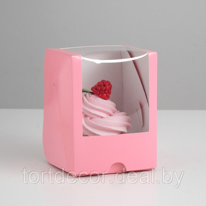 Коробка на 1 капкейк с окном розовая, 12,5х9,5х9,5 см - фото 1 - id-p157793328