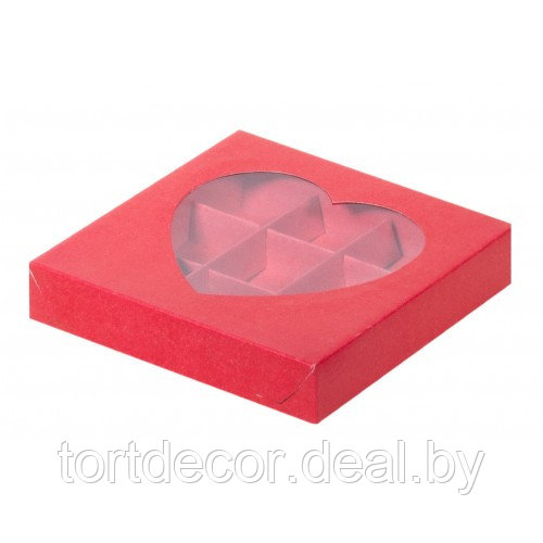 Коробка для конфет с окном Сердце на 9 конфет 15,5*15,5*3 см, красная - фото 1 - id-p157793470