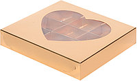 Коробка для конфет с окном Сердце на 9 конфет 15,5*15,5*3 см, золотая