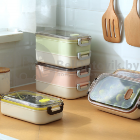 Ланч бокс Lunch Box Tow layers 2-х ярусный, нержавеющая сталь, 1200 мл Оливковый