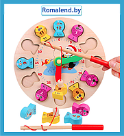 Игрушка Часы + Рыбалка деревянная с магнитной удочкой, арт. EM202020