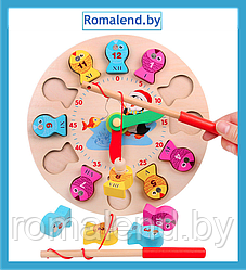 Игрушка Часы + Рыбалка деревянная с магнитной удочкой, арт. EM202020