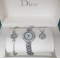 Подарочный набор Dior браслет подвеска часы.Цвет серебро.