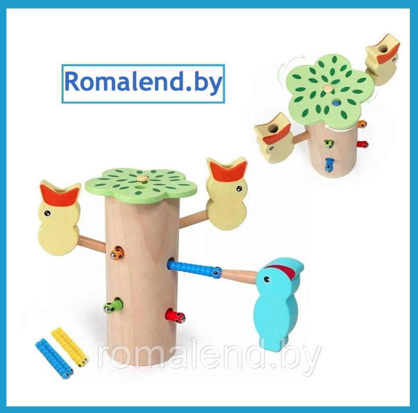 Деревянные магнитные игрушки в виде червя насекомых для рыбалки игра "Накорми птичку" - фото 1 - id-p158396070