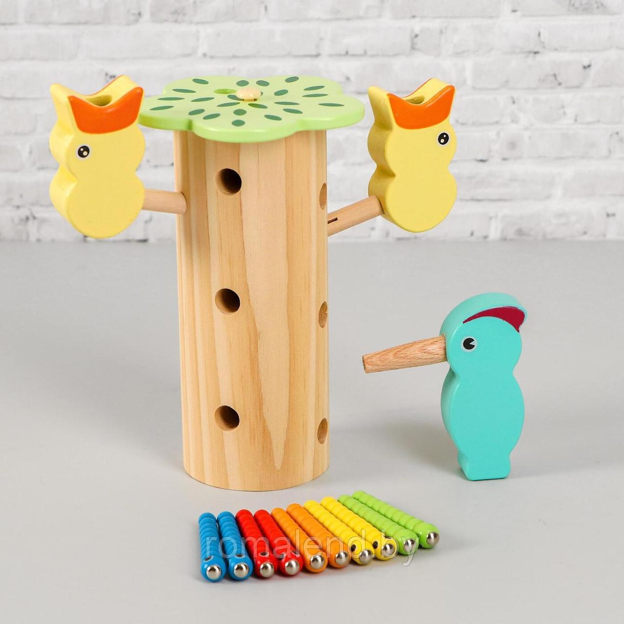 Деревянные магнитные игрушки в виде червя насекомых для рыбалки игра "Накорми птичку" - фото 4 - id-p158396070