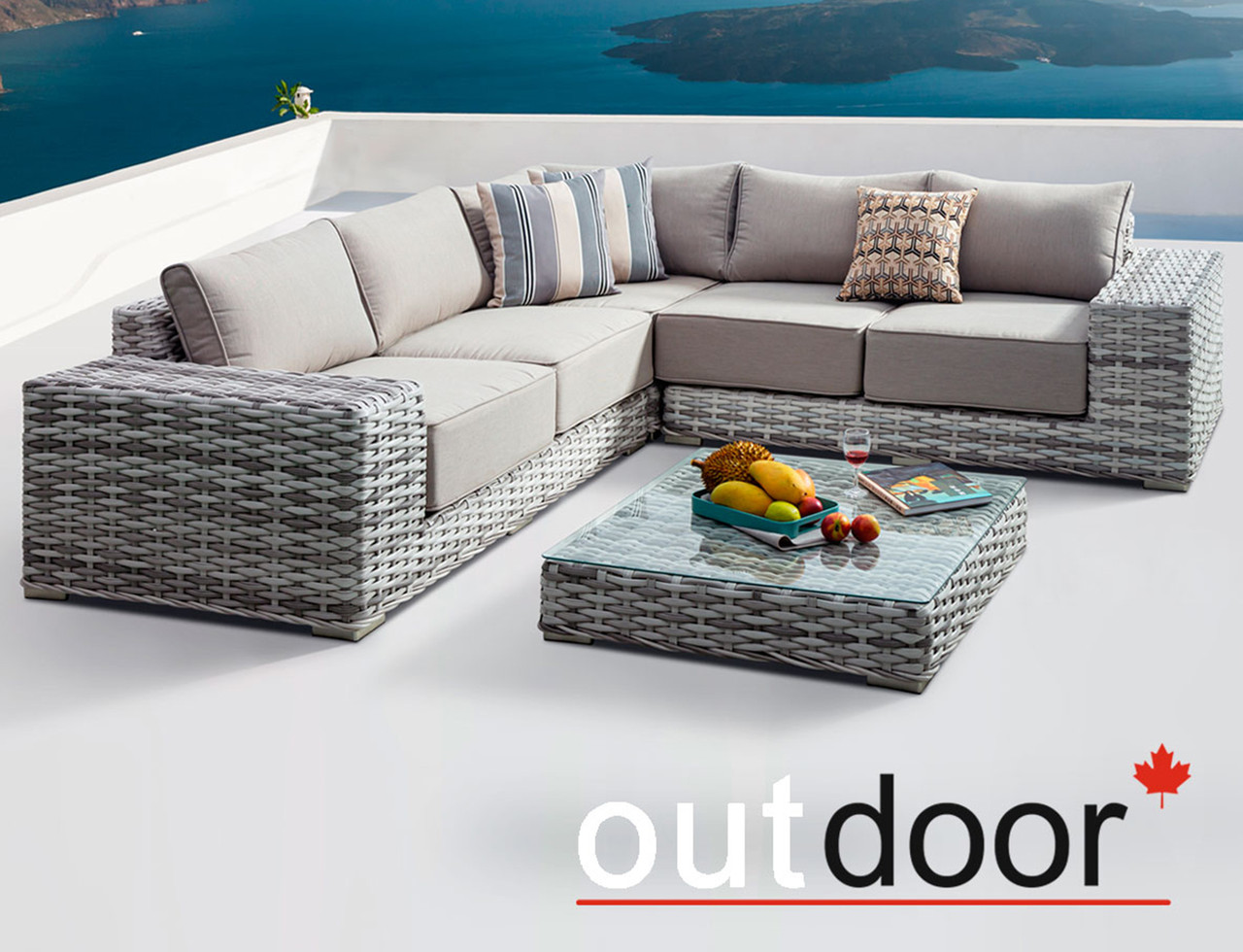 Комплект мебели из ротанга OUTDOOR Санторини (угловой диван, стол), широкое плетение, светлый микс