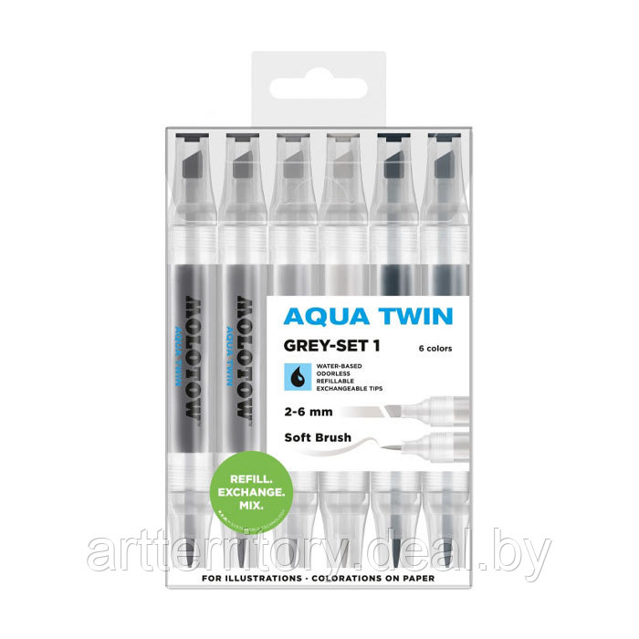 Набор маркеров MOLOTOW AQUA TWIN Grey-Set 1 (6 штук) - фото 1 - id-p158812506