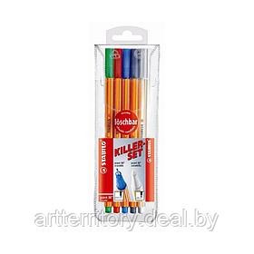 Ручка-линер стираемая STABILO Point 88, набор 5 штук (4 цвета + бесцветный фломастер)
