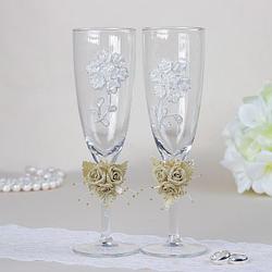 Набор свадебных бокалов, с кружевом и тройным цветочком, золото