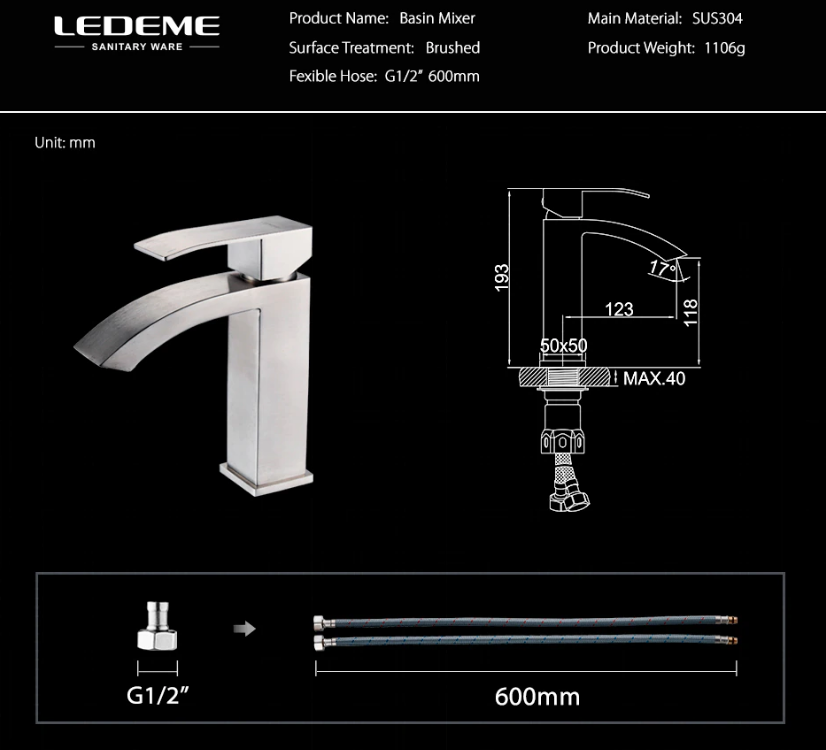 Смеситель для умывальника водопад из нержавеющей стали LEDEME L71017 - фото 9 - id-p159098868