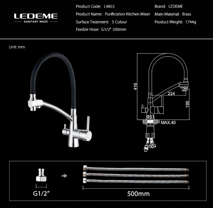 Смеситель для кухни (черный + хром) с подключением питьевой системы Ledeme L 4855-2 - фото 9 - id-p141599711