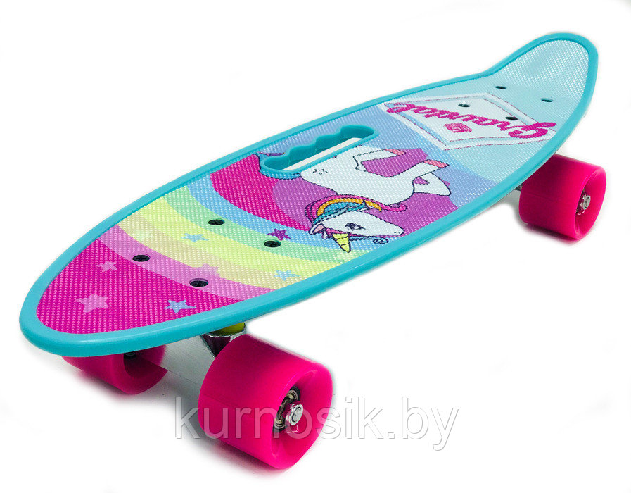Детский скейт пенни борд с ручкой "Единорог" светящиеся колеса - фото 1 - id-p159159064
