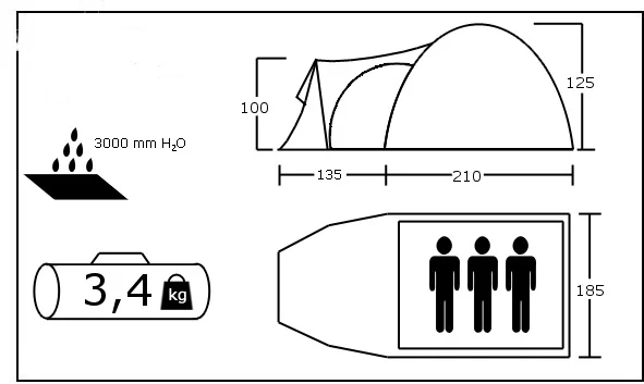 Палатка ACAMPER MONSUN 3-местная, 135+210х185х125/100 см - фото 2 - id-p159160638