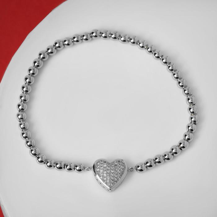 Браслет со стразами "Стиль" сердечко объёмное, цвет белый в серебре, d=8 см - фото 1 - id-p157258220