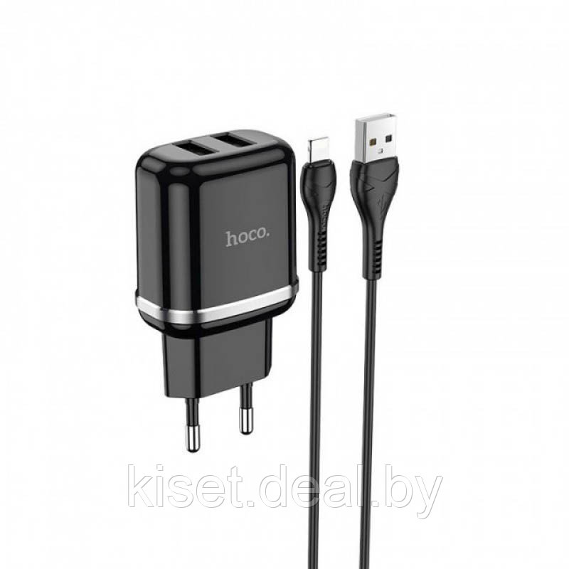 Сетевое зарядное устройство HOCO N4 2.4A 2USB черный + кабель lightning - фото 1 - id-p159315800