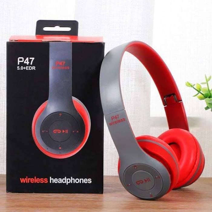 Беспроводные Bluetooth наушники P47 Wireless Headphones серые с красным - фото 2 - id-p159359750