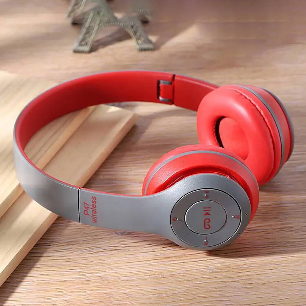 Беспроводные Bluetooth наушники P47 Wireless Headphones серые с красным - фото 3 - id-p159359750