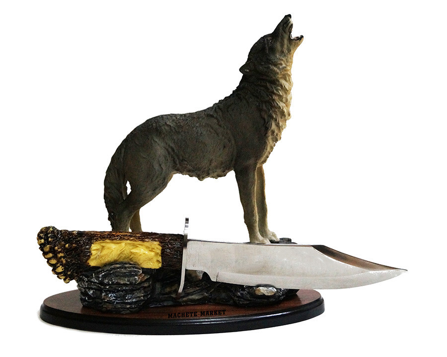 Нож сувенирный стальной (длина ножа 28.00 см) на подставке в виде волка