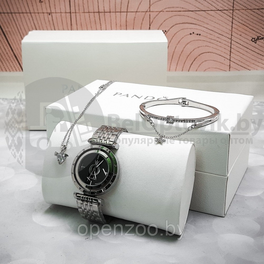 Комплект Pandora (Часы, кулон, браслет) Серебро с черным циферблатом - фото 2 - id-p159601797