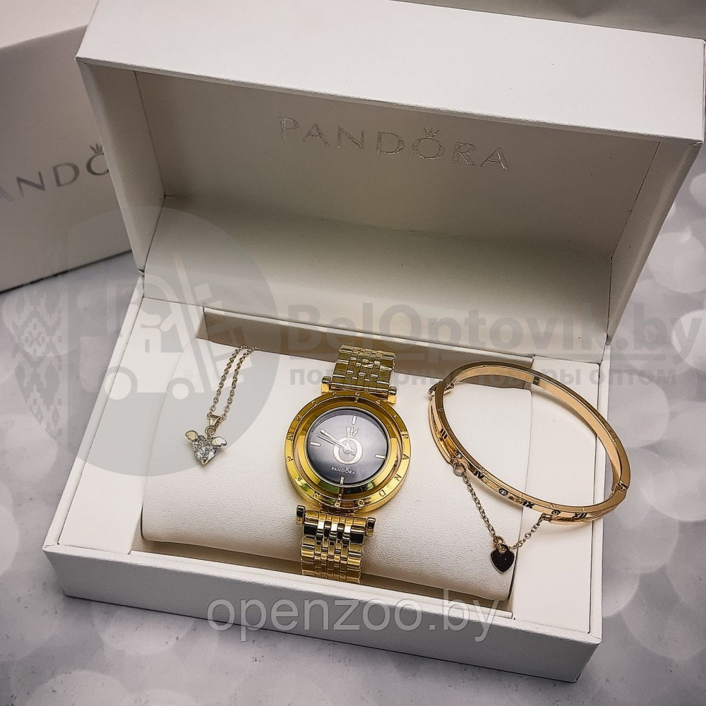 Комплект Pandora (Часы, кулон, браслет) Серебро с черным циферблатом - фото 5 - id-p159601797