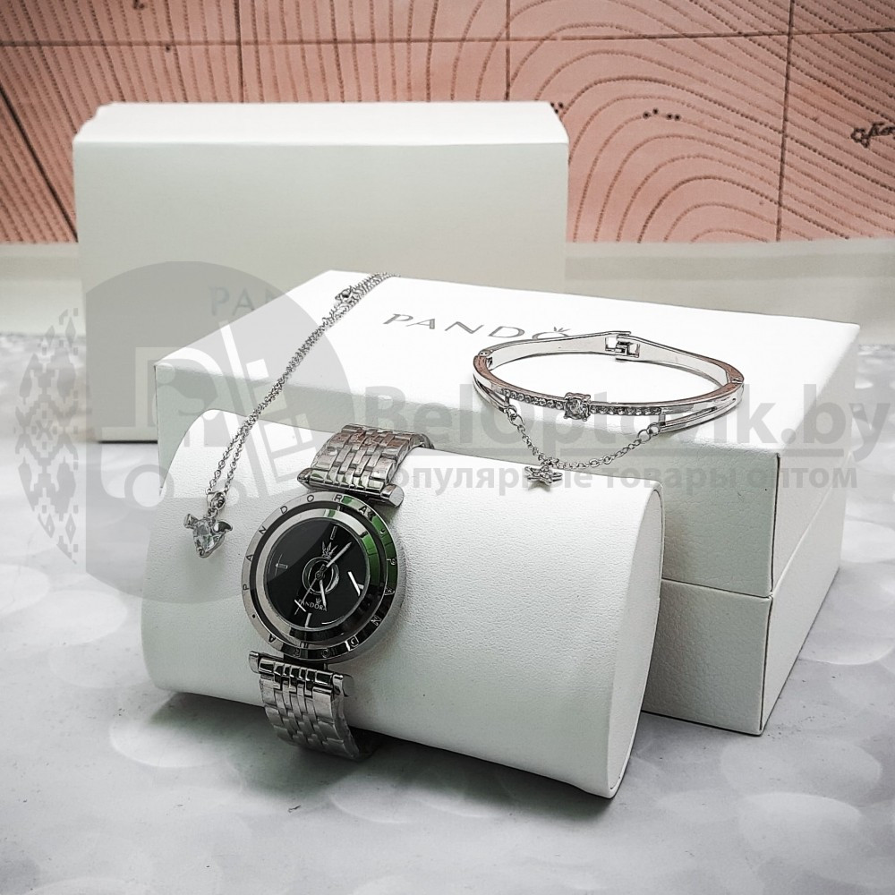 Комплект Pandora (Часы, кулон, браслет) Серебро с черным циферблатом - фото 2 - id-p159603159
