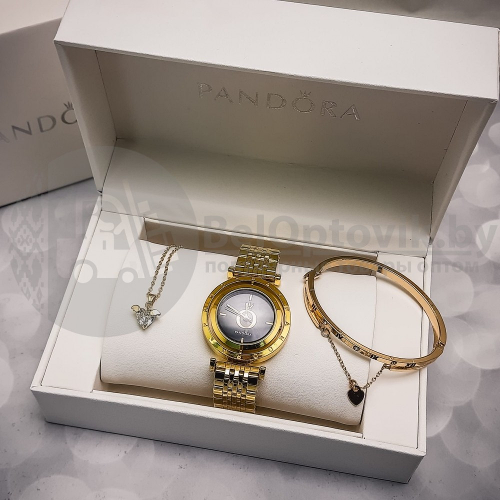 Комплект Pandora (Часы, кулон, браслет) Серебро с черным циферблатом - фото 5 - id-p159603159